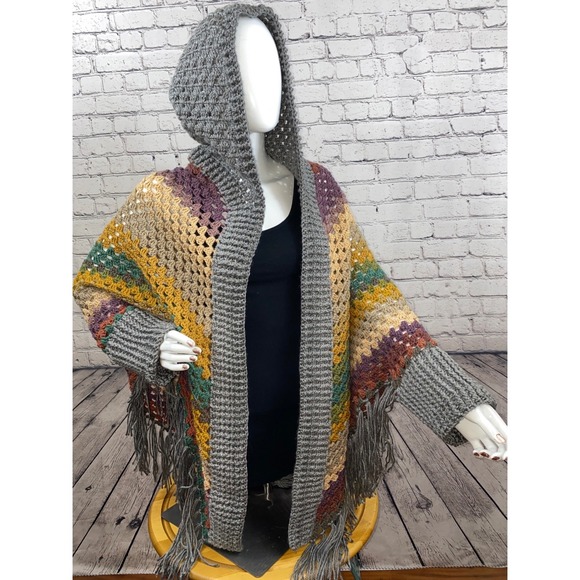 Handmade Accessories - Handmade‎ Crochet Hooded Shawl Wrap Multicolor Striped Fringe Boho Cardigan Gray